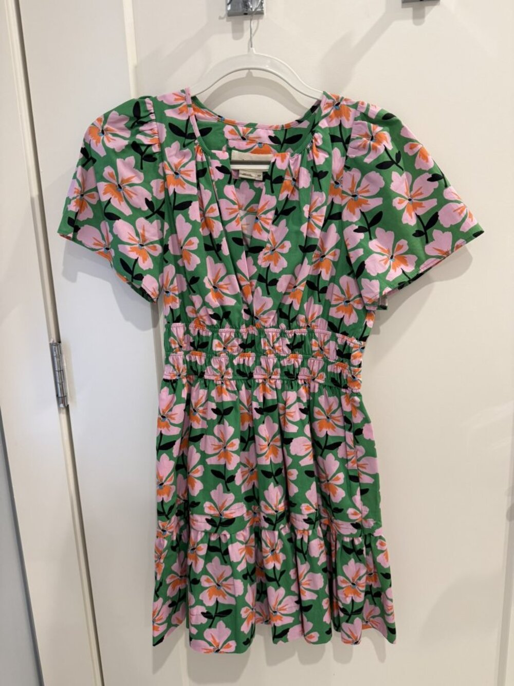 By Anthropologie Green Floral Smocked Mini Dress XSP